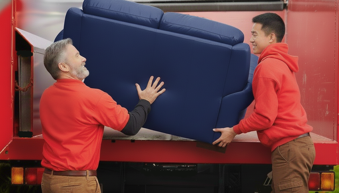 Two people in red shirts loading a blue sofa into a truck.