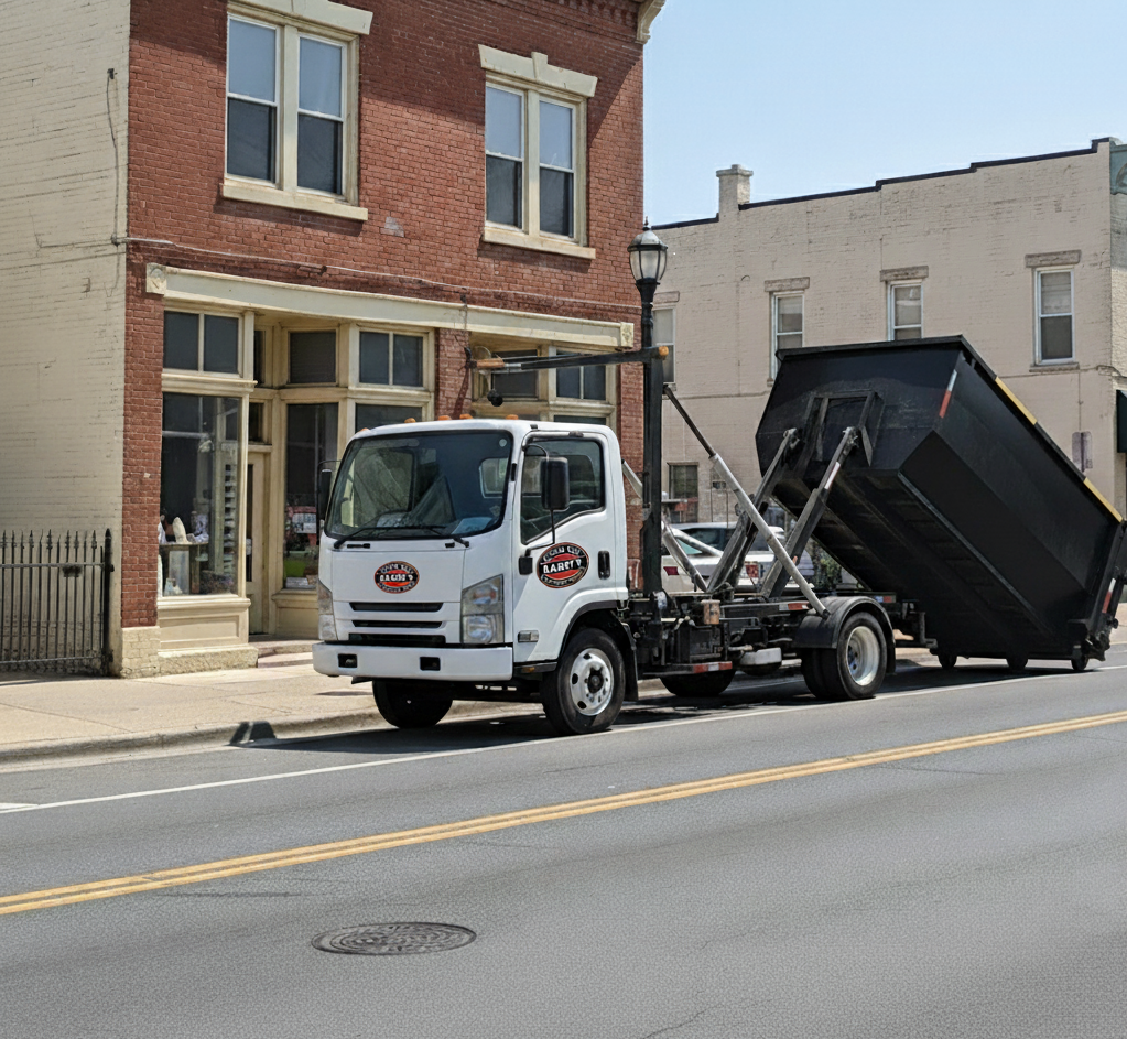 White waste disposal truck with a black container on a street next to a brick building.