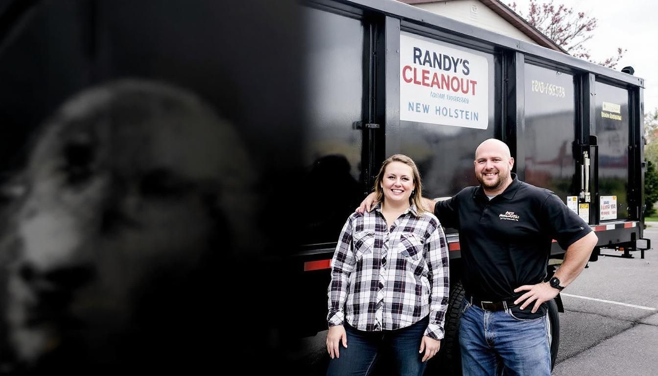 Two people stand in front of a dumpster rental truck