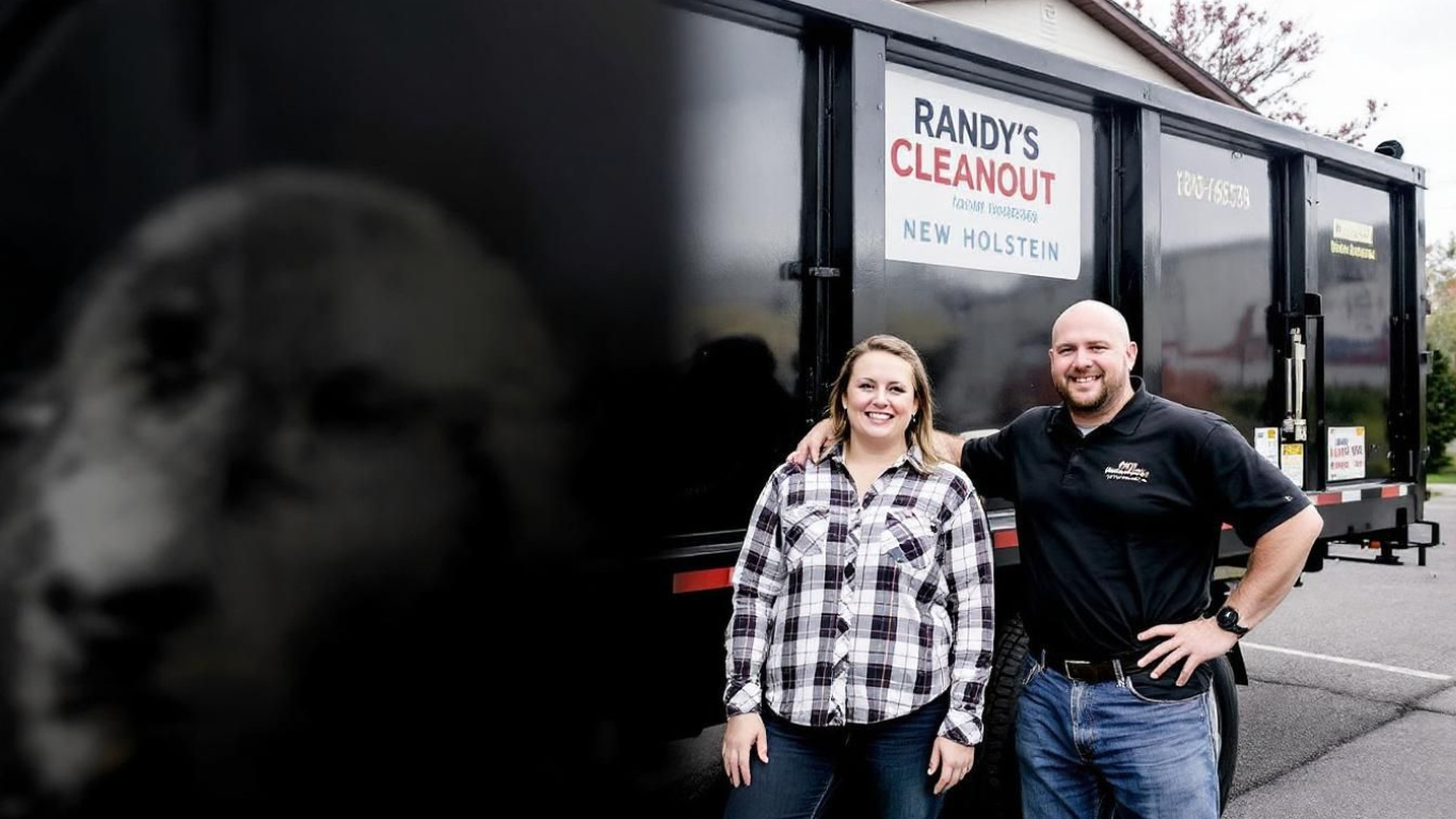 Two people, a man and a woman, standing by a black dumpster; Randy's Cleanout.