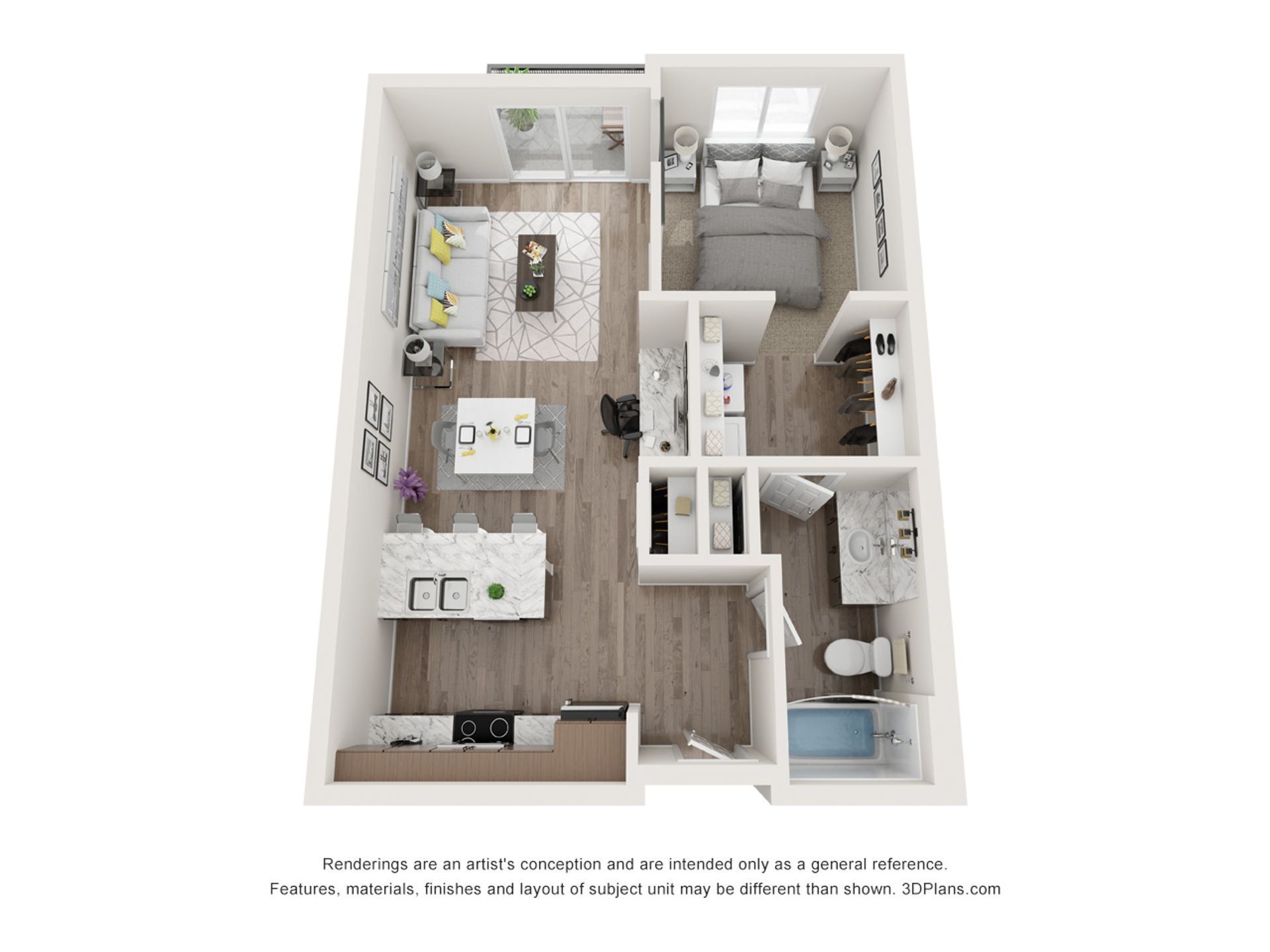 A 3d floor plan of a small apartment with a bedroom , living room , and kitchen.