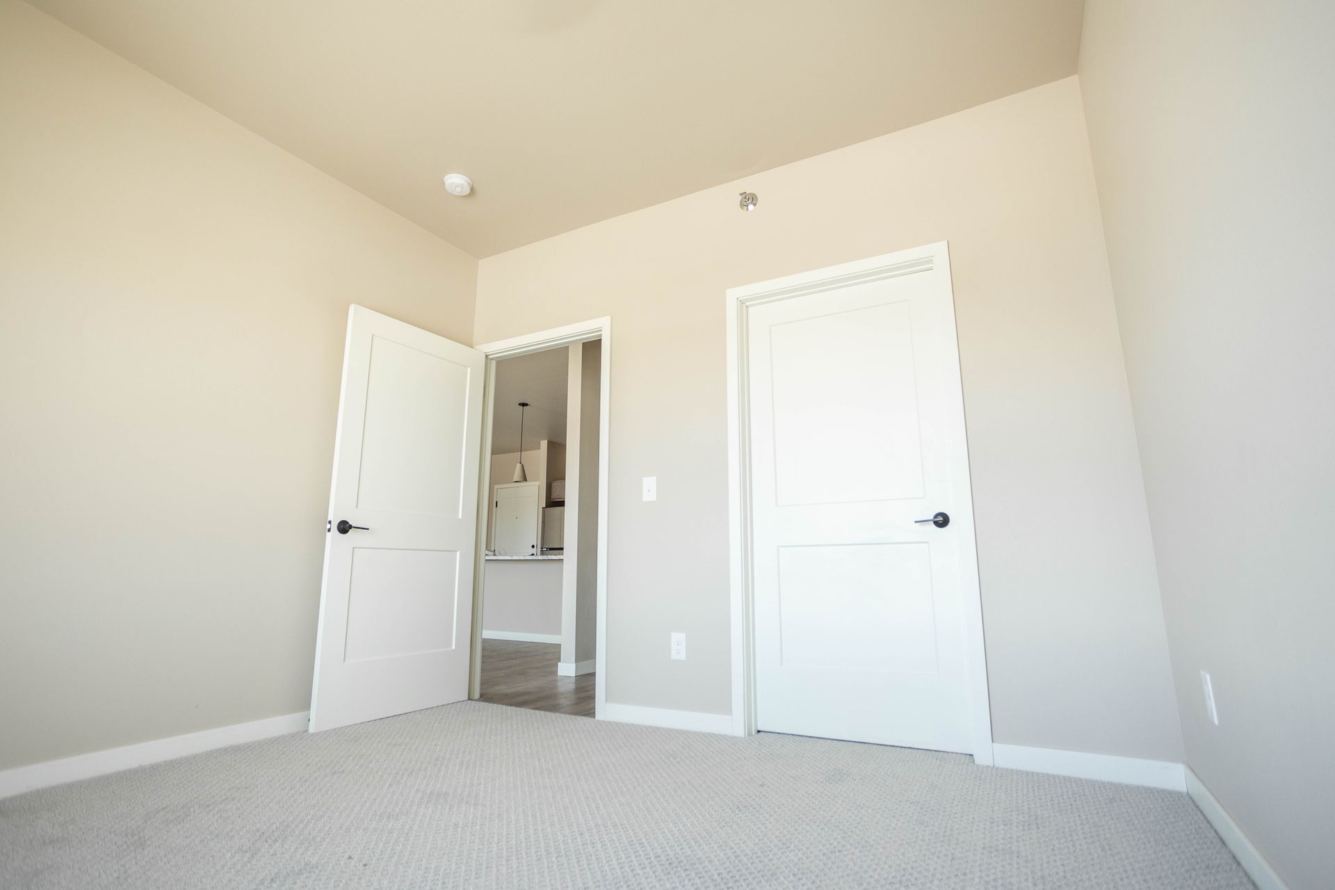 An empty bedroom with two white doors and a carpeted floor.