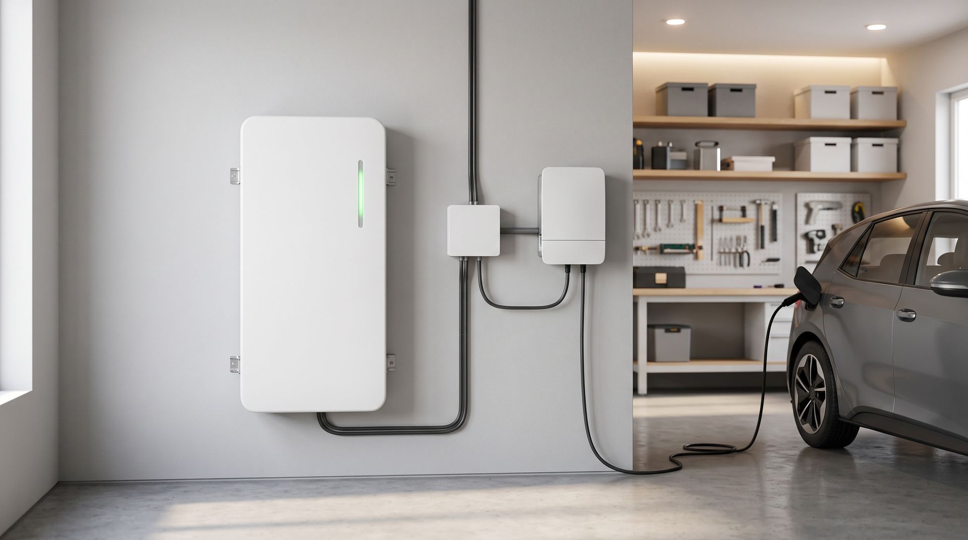 Home garage with wall-mounted EV charger beside a parked car and shelving unit