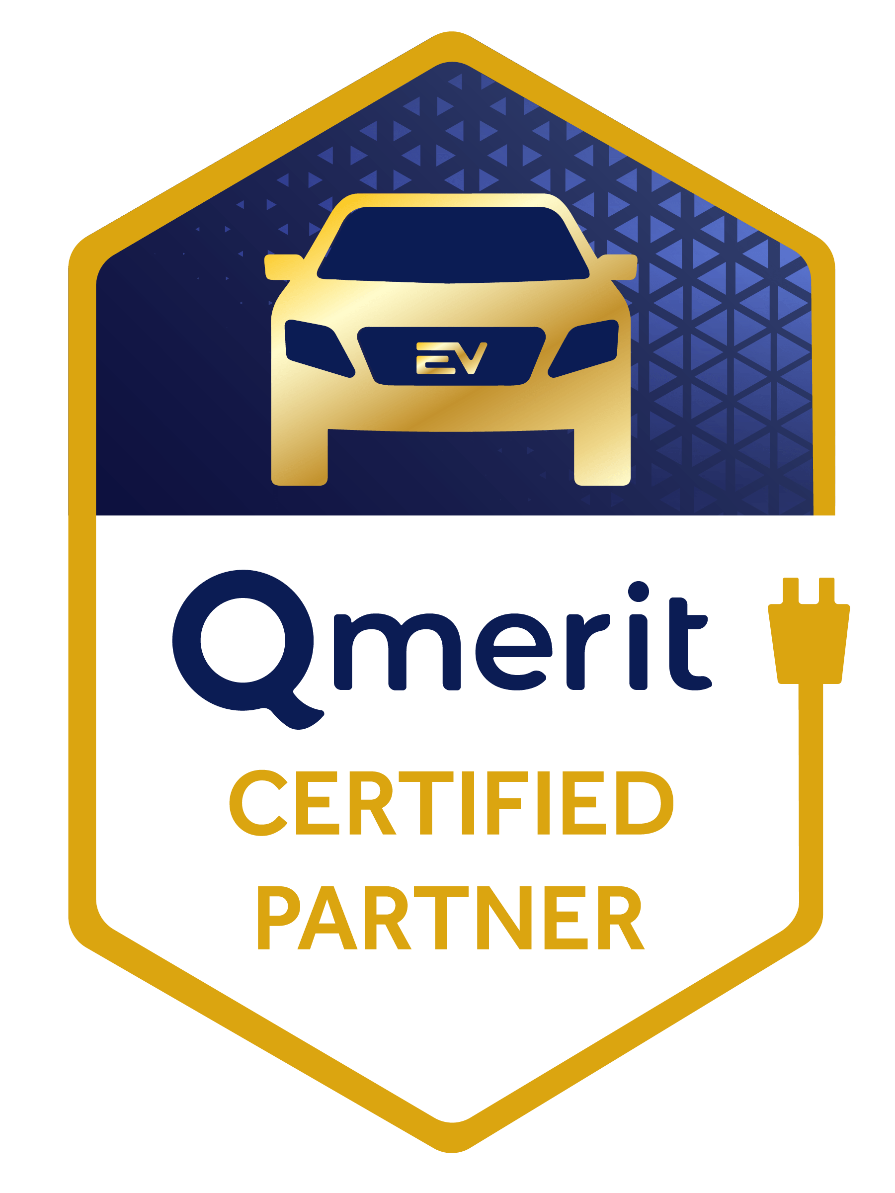 Qmerit Certified Partner badge with a gold car and blue hexagon, and a charging plug graphic.
