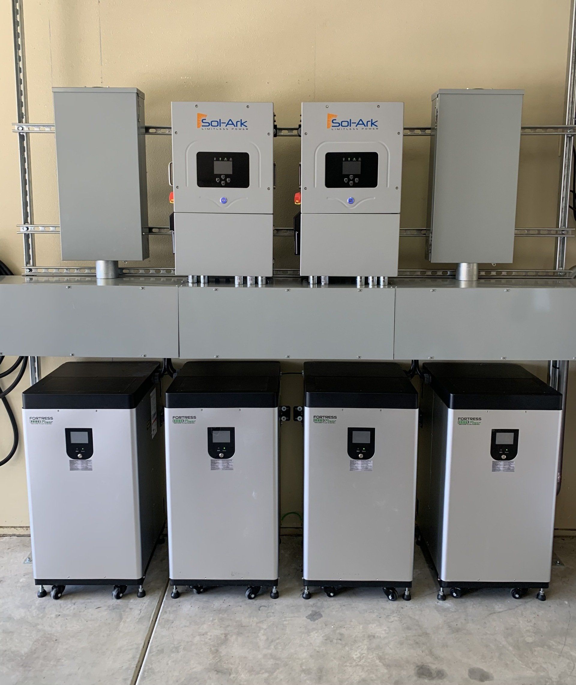 Row of electrical cabinets and inverter units mounted on a wall and on the floor in a utility room.