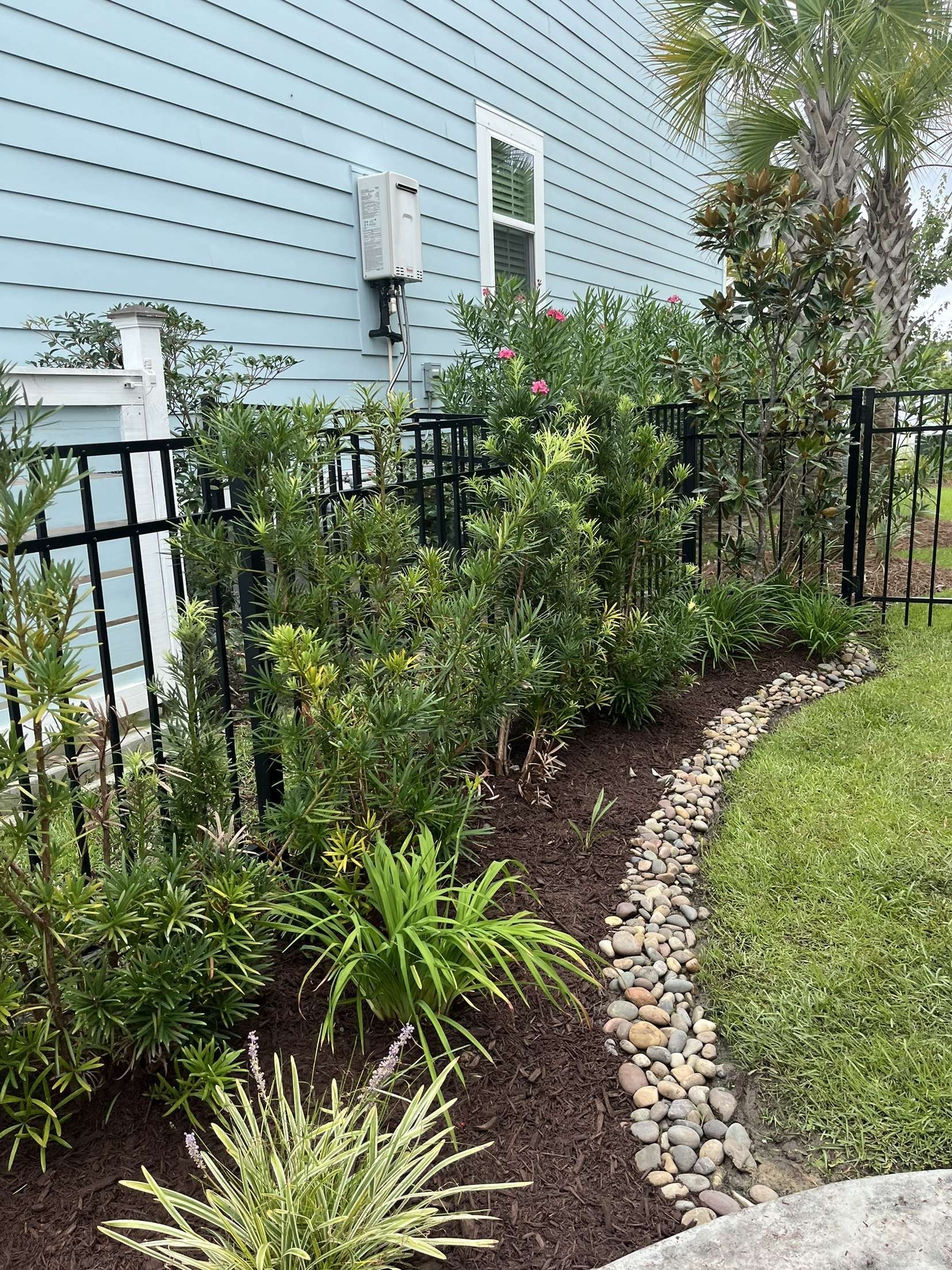 Garden bed with flowers and shrubs beside a light blue house, bordered by a curved stone path.
