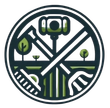 Circular green-and-black eco logo with trees, landscape, and a central road or path in a compass-like design