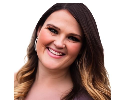 Smiling woman with long brown hair and blonde highlights on a white background