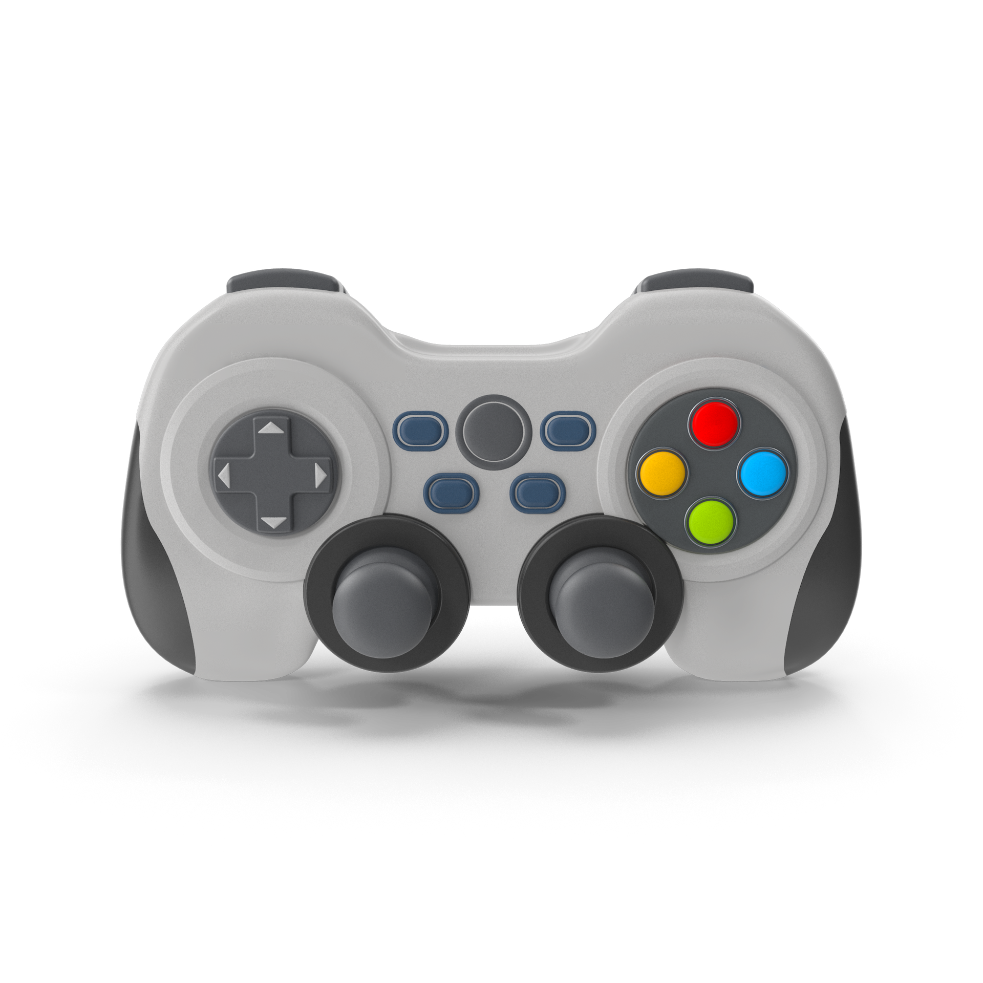 White and gray gamepad with directional pad, colored buttons, and analog sticks.