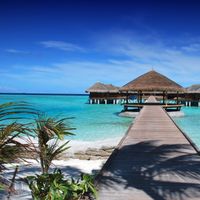 Hotels, Travel Agencies, Hospitality Servicw A wooden pier leading to a hut in the ocean