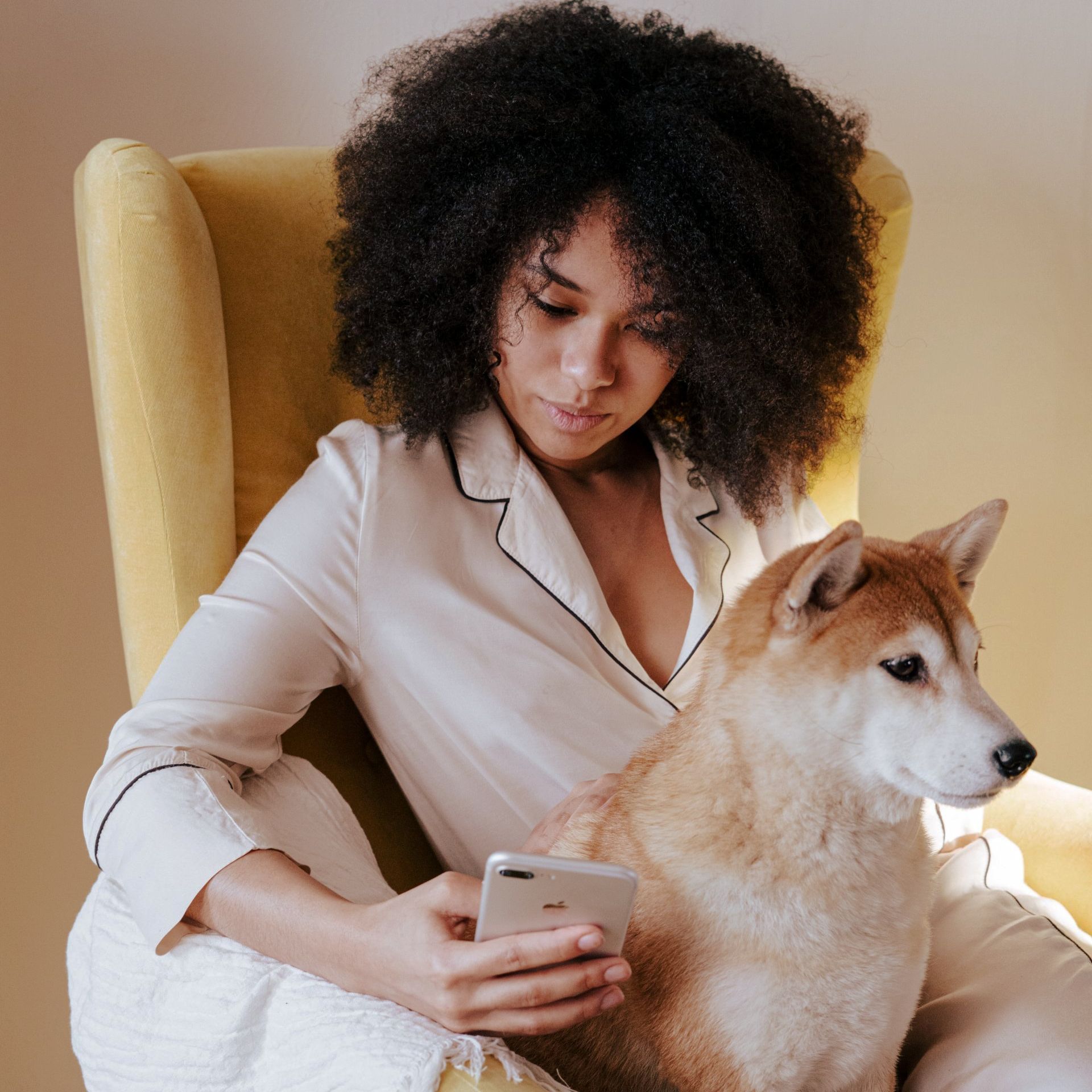A woman is sitting in a chair with her dog and looking at her phone