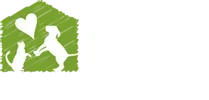Green house icon with white tree, dog, and cat silhouettes