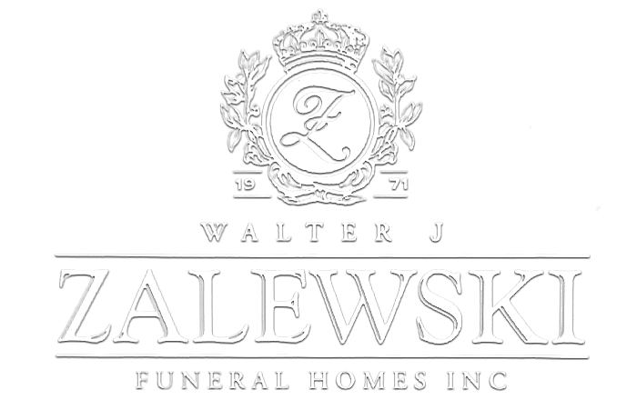 Logo for Walter J. Zalewski Funeral Homes Inc., featuring an ornate crown and wreath emblem with an "F" inside.