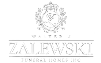 Logo for Walter J. Zalewski Funeral Homes Inc., featuring an ornate crown and wreath emblem with an "F" inside.