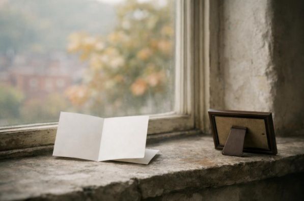 Blank folded note beside a face-down family photo on a Pittsburgh rowhouse windowsill in soft autumn