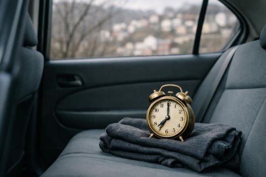 Brass travel alarm clock on a folded coat in an empty car, ready for a family member traveling 
