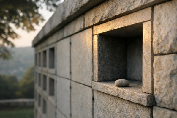 An empty limestone columbarium niche with a single river stone in a quiet Pittsburgh cemetery