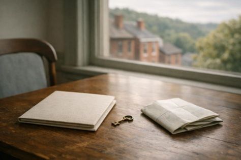 Plain family planning folder, brass house key, and folded map on a Pittsburgh home dining table