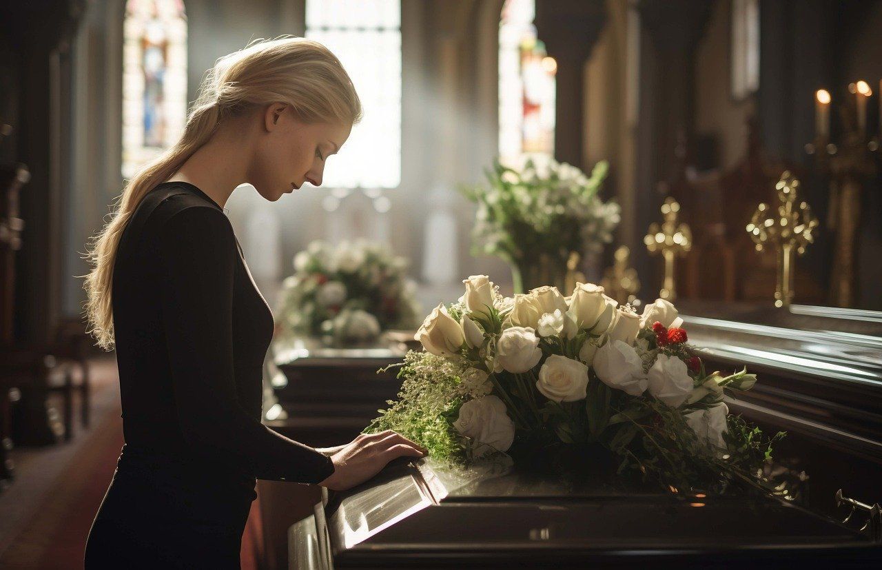 Woman Paying Respects Beside a Casket with White Floral Arrangement in a Church Setting