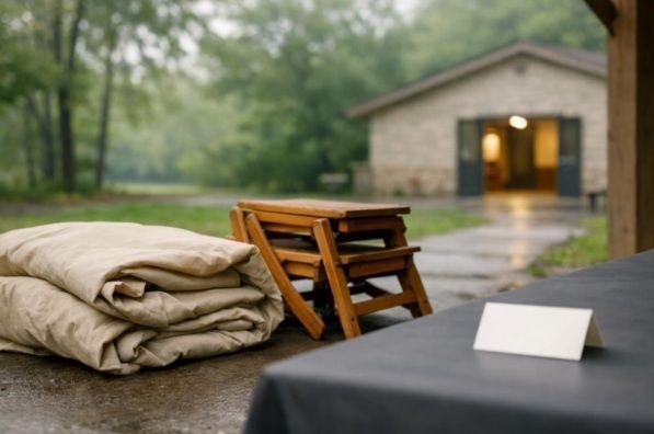 Weather-ready chairs and a canopy cover beside an accessible park path with an indoor backup space