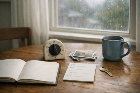 Morning planning table with a kitchen timer, blank organizer, family photos, and rain-lit Pittsburgh