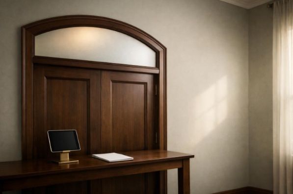 Quiet Pittsburgh funeral home consultation room with a frosted-glass transom, blank notepad