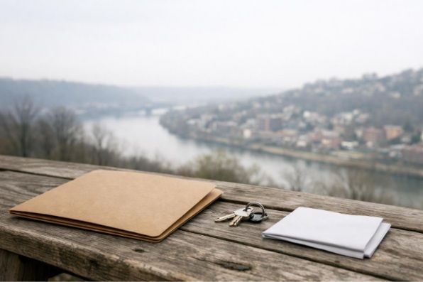 Blank planning folder and house keys on a wooden overlook table above a quiet Pittsburgh river