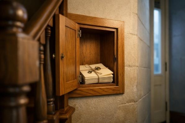 Open oak entry cabinet holding a blank paper bundle and brass key