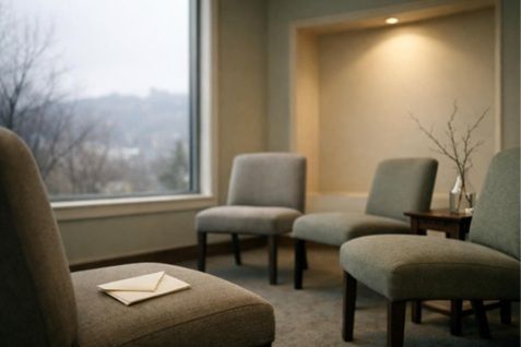 Three chairs and a folded letter in a private viewing room beside a rain-softened Pittsburgh