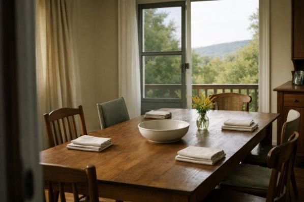 Empty chairs and a simply set dining table by an open window