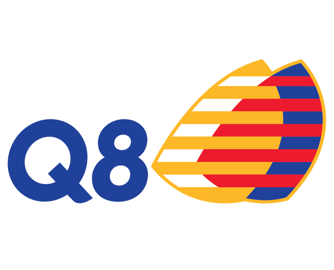 Un logo per q8 con un cerchio a strisce al centro