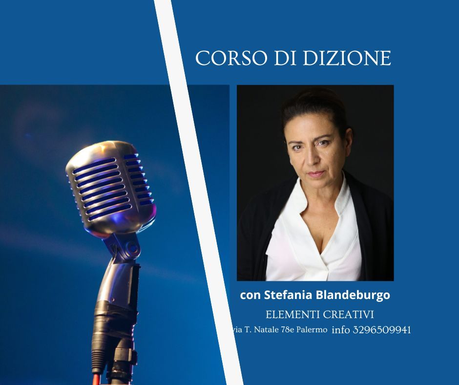 Una foto di una donna accanto a un microfono con la scritta corso di dizione