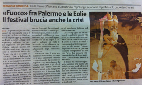 Articolo di giornale con titolo fuoco fra palermo e le eolie il festival brucia anche la crisis