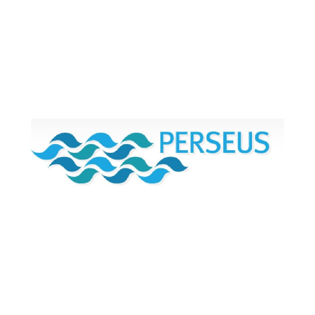 Un logo per un'azienda chiamata Perseus con onde blu su sfondo bianco.