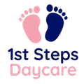 Logo for 1st Steps Daycare with pink and blue footprints and text.