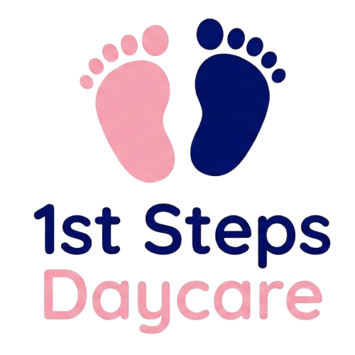 Logo for 1st Steps Daycare with pink and blue footprints and text.