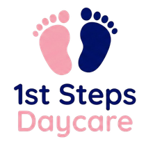 Logo for 1st Steps Daycare with pink and blue footprints and text.