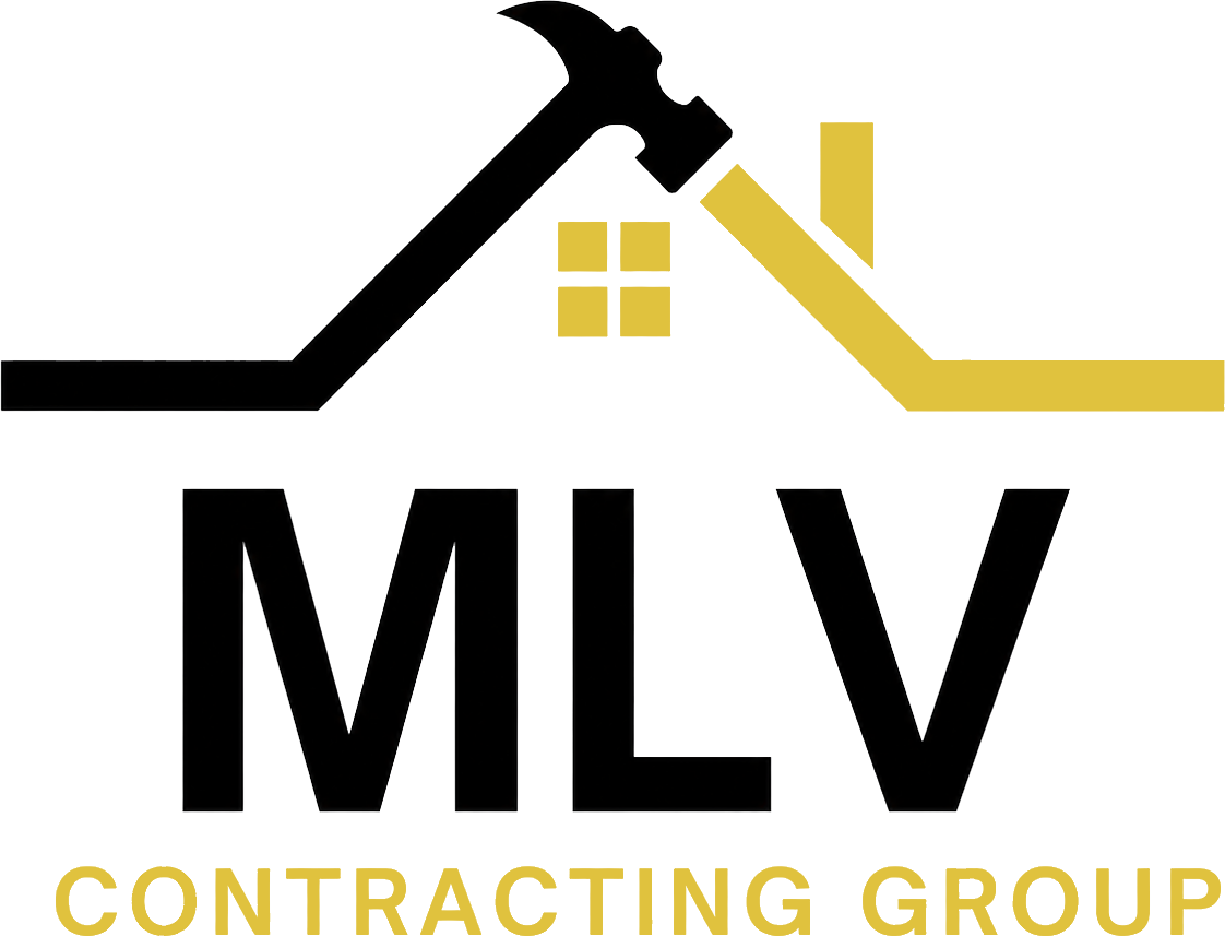 MLV Contracting Group logo with black and gold roofline and house icon