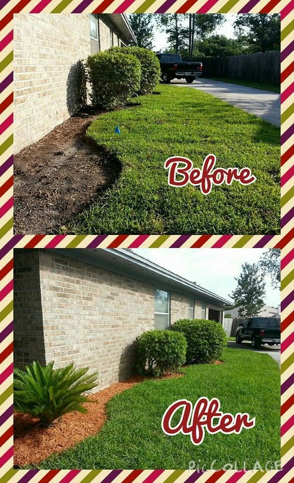 Before and after comparison of a home's landscaping, showing freshly mulched garden beds and pruned shrubs along the wall.
