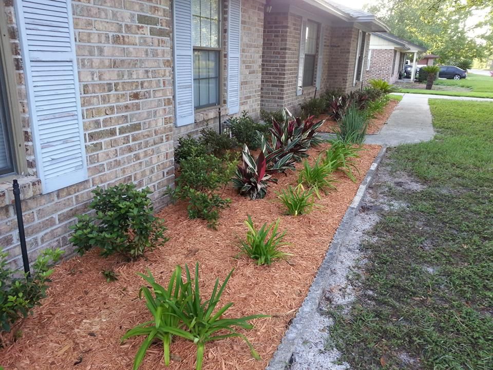 A landscaped garden bed with mulch and assorted green plants sits against a brick house exterior.