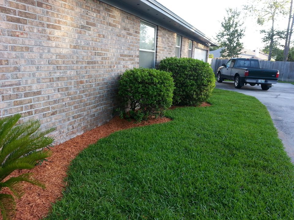 A brick-walled house exterior with rounded green shrubs, orange mulch, and a green lawn, with a truck parked in the driveway.