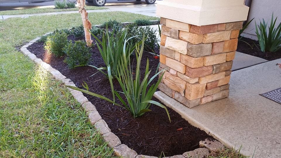 A landscaped garden bed with mulch, small shrubs, and tall green plants bordering a stone pillar and a concrete walkway.