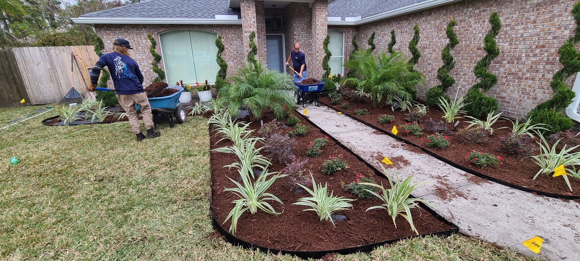 Landscaped front yard with workers planting shrubs beside a brick walkway and house.