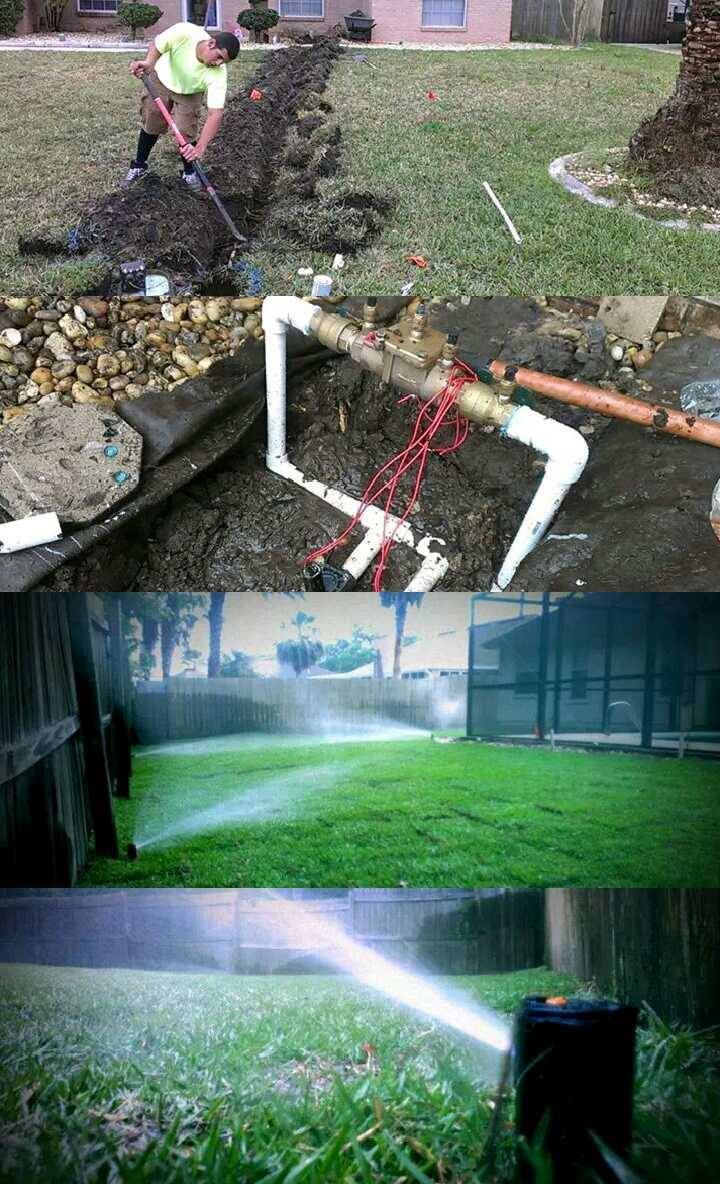 A four-panel collage showing a person digging a trench, a completed plumbing assembly, and lawn sprinklers in operation.