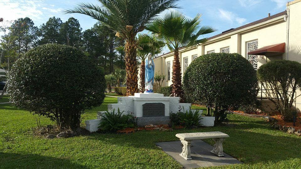 Landscaped garden with palm trees, trimmed shrubs, and a white bench in front of a building