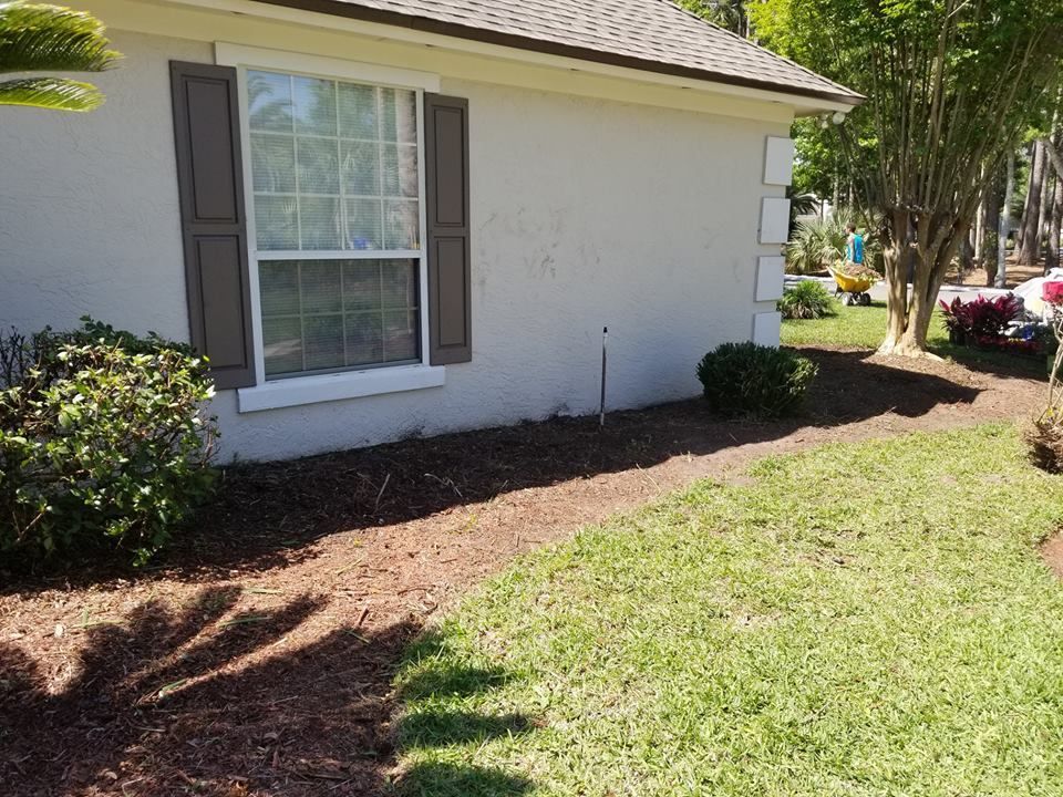 A white house exterior with a window, brown shutters, and fresh mulch in the front landscaping.