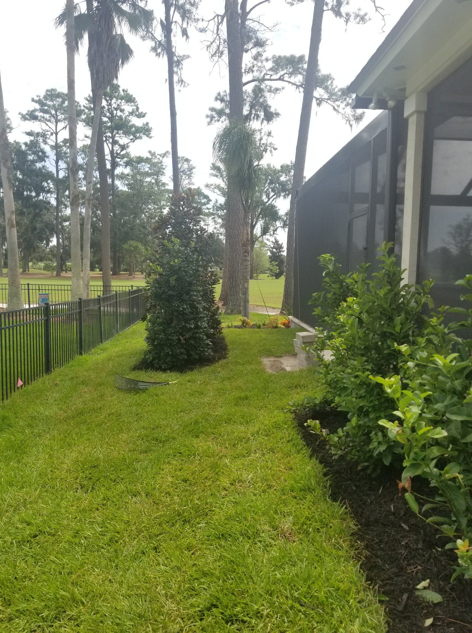A grassy backyard with a garden bed along a screened porch, leading to a lawn, trees, and a distant golf course fence.
