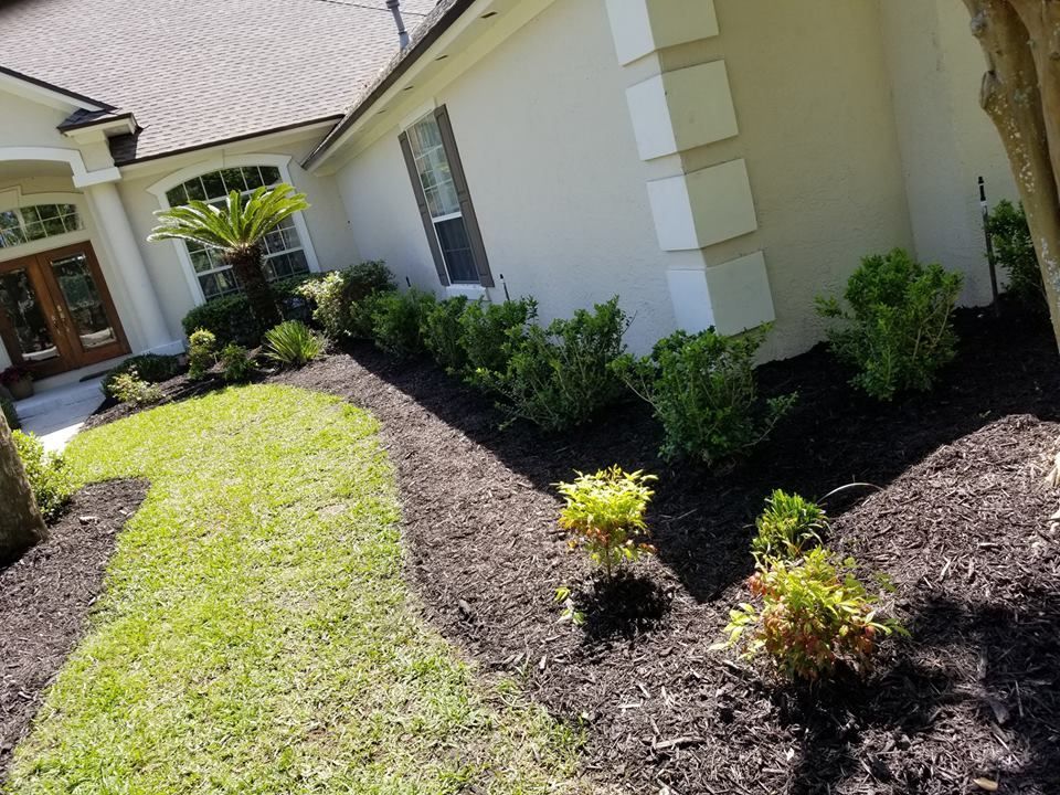 A tan suburban house exterior featuring a curved grass walkway surrounded by dark mulch and various green shrubs.