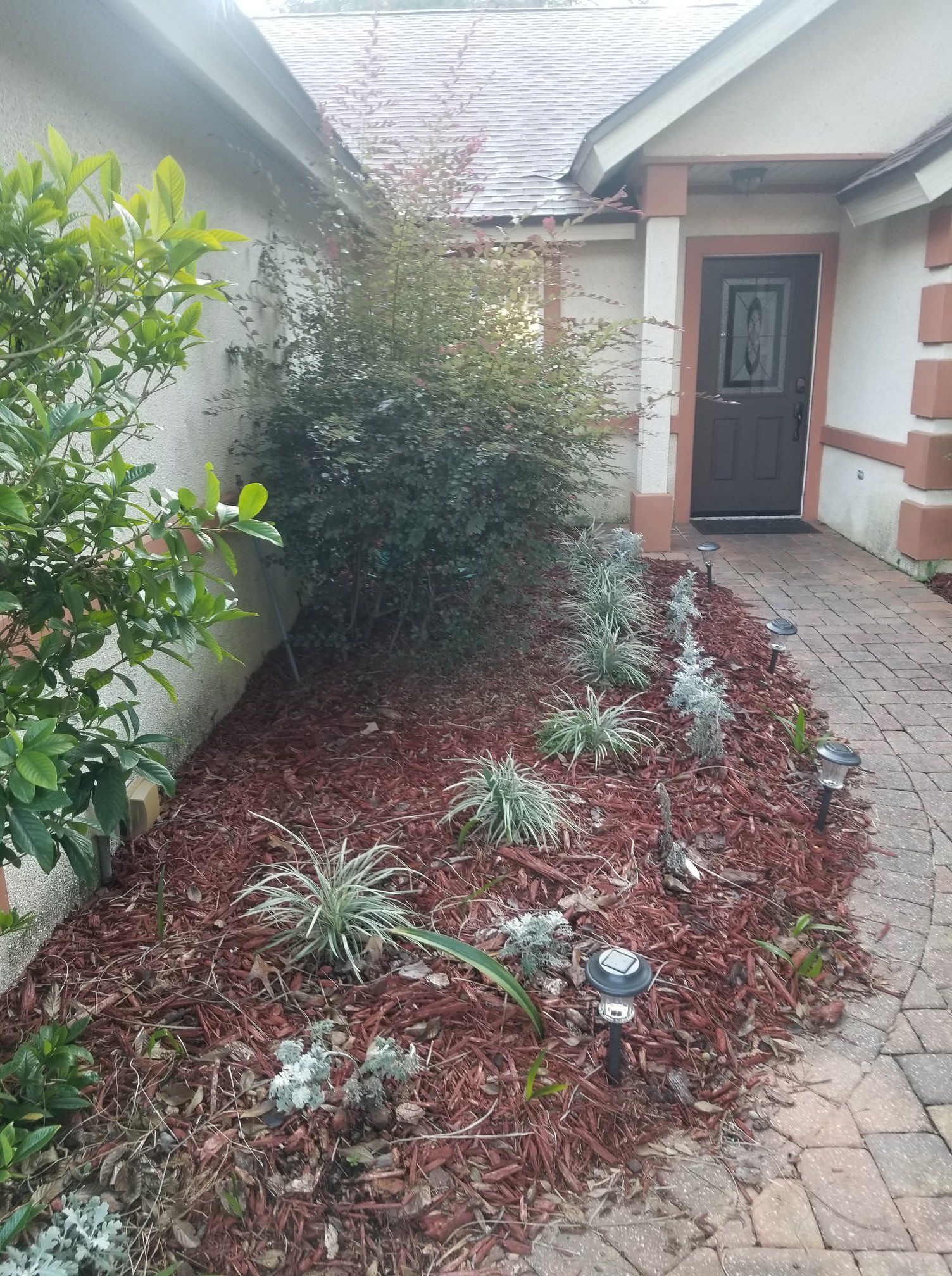 A brick walkway leads to a front door, alongside a garden bed filled with small plants and dark red mulch.