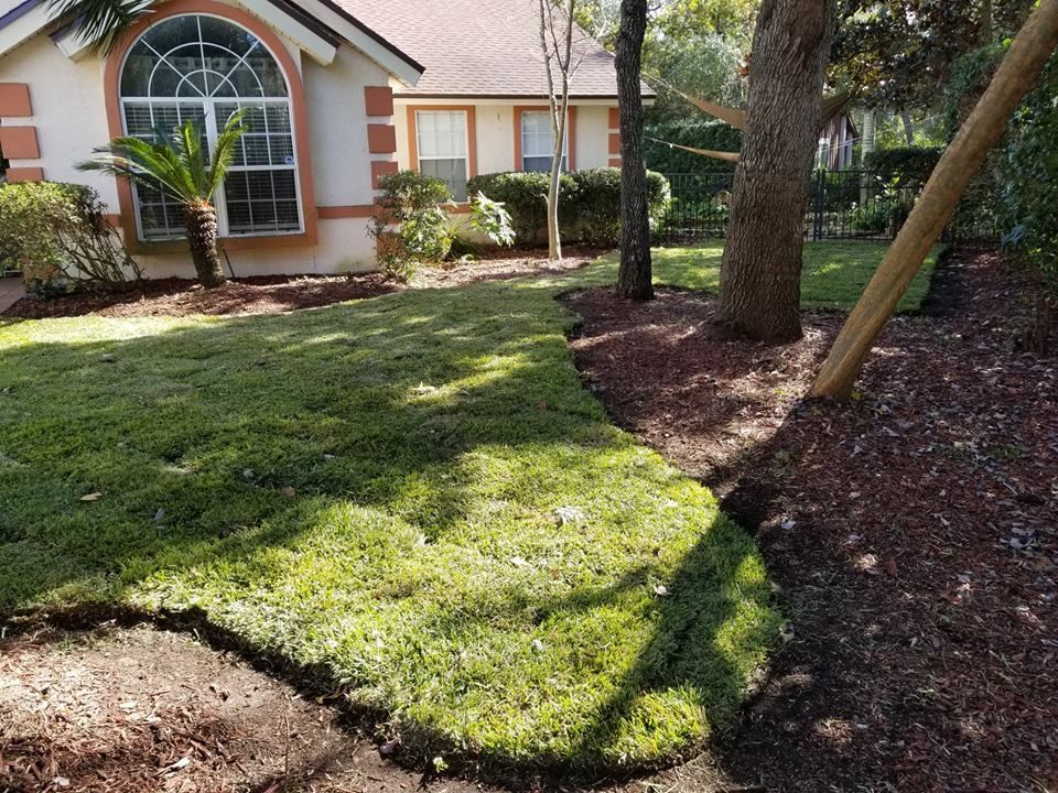 A newly installed patch of bright green grass sod edges into a darker, mulched garden bed in front of a suburban home.